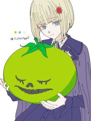 1girl blonde_hair blue_eyes bob_cut closed_mouth eyelashes female_focus highres holding holding_mask jacket long_sleeves looking_at_viewer mask oosuzuki_kurara purple_jacket purple_skirt simple_background skirt solo solo_focus the_hundred_line_-last_defense_academy- tomato unworn_mask white_background