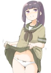 1girl akara_kai alternate_hairstyle black_hair blunt_bangs brown_eyes clothes_lift cowboy_shot green_sailor_collar green_serafuku highres hot kantai_collection kitakami_(kancolle) lifting_own_clothes long_hair looking_at_viewer neckerchief panties ponytail sailor_collar school_uniform serafuku smile solo underwear white_background white_panties