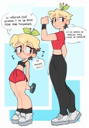1girl absurdres black_eyes black_pants black_socks black_sports_bra blonde_hair blush breasts brown_hair cherri_saurio chibi closed_mouth cropped_shirt dumbbell earrings flying_sweatdrops glasses highres holding holding_dumbbell jewelry looking_at_viewer original pants parted_lips red_shirt red_shorts round_eyewear shirt shoes short_hair short_sleeves shorts small_breasts smile sneakers socks solo spanish_text speech_bubble sports_bra sweat sweatpants translation_request white_shoes