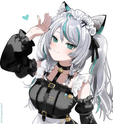 animal_ears bad_tag black_sky braided_sidelocks cake cheek_rest copyright_request cross-laced_clothes cross-laced_sleeves dessert food frilled_straps fuzzy_clothes grey_nails grey_tail highres hinamori_anthea holding holding_saucer indie indie_virtual_youtuber leopard_ears leopard_tail maid nata_(tool) non-web_source red_pupils saucer sky snow_leopard_tail strawberry_shortcake tail teapot virtual wallpaper_(object)