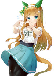 1girl absurdres animal_ears aqua_eyes aqua_skirt black_pantyhose blunt_bangs brown_hair casual collarbone commentary_request cowboy_shot dutch_angle ear_covers flying_sweatdrops green_ribbon hair_ornament hair_strand hairband heart heart_hands highres hime_cut horse_ears horse_girl horse_tail leaning_back long_hair looking_at_viewer moe_moe_kyun! neck_ribbon official_alternate_costume pantyhose ribbon shirt short_sleeves shy sidelocks silence_suzuka_(umamusume) simple_background skirt solo striped_clothes striped_hairband tail umamusume white_background white_hairband white_shirt yunekoko