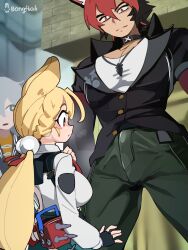 Rule 34 | 1girl, 2boys, absurdres, alice thymefield, black gloves, black jacket, blonde hair, bongfill, closed mouth, fingerless gloves, gloves, green pants, highres, jacket, komano manato, looking at another, low twintails, multicolored hair, multiple boys, pants, red eyes, red hair, shirt, twintails, two-tone hair, white shirt, wise (zenless zone zero), zenless zone zero