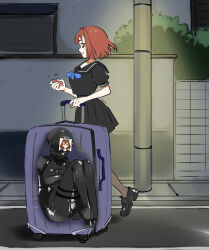 1girl armbinder black_bodysuit black_sailor_collar black_shirt black_skirt blindfold bodysuit bound bound_arms bound_legs box briefcase brown_eyes brown_hair commission controller eudetenis futaba_(pretzelfan) gag gimp_mask grin highres hitachi_magic_wand ichika_(pretzelfan) in_box in_container lamppost latex latex_bodysuit loafers mask night original outdoors panel_gag pantyhose photo_(object) remote_control remote_control_vibrator road sailor_collar sex_toy shiny_clothes shirt shoes skirt smile street trembling vibrator walking x-ray