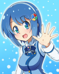 1girl blue_eyes blue_hair female_focus hair_ornament hairband hairclip highres madobe_nanami microsoft multicolored_eyes os-tan ribbon short_hair solo yosuzu