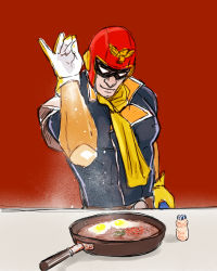 1boy bad_id bad_pixiv_id captain_falcon commentary f-zero food frying_pan gloves helmet highres kento1102 male_focus meme nintendo parody pun red_background salt salt_bae_(meme) salt_shaker scarf simple_background sketch smile solo