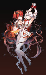 2girls absurdres black_eyes black_flower blake_bloom_(wuthering_waves) bound bound_wrists breasts camellya_(wuthering_waves) clone collar collarbone commentary dress dual_persona flower hair_flower hair_ornament hair_vines hand_on_another&#039;s_stomach hashtag-only_commentary highres karen_(navy_42) looking_at_viewer multiple_girls pantyhose plant red_eyes red_hair sample_watermark sideless_dress single_leg_pantyhose small_breasts tacet_mark_(wuthering_waves) toes torn_clothes torn_pantyhose vines watermark white_collar white_dress white_hair white_pantyhose wuthering_waves