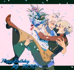 Rule 34 | 1boy, 1girl, :d, adam&#039;s apple, ahoge, antenna hair, aohitsugi nemu, aohitsugi samatoki, arms around neck, barbell piercing, bead bracelet, beads, black shoes, black sweater, blush stickers, bob cut, bouquet, bracelet, breasts, brother and sister, brown skirt, carrying, clenched teeth, collarbone, collared shirt, confetti, cowboy shot, denim, ear piercing, earrings, english text, face-to-face, fingernails, flower, flower request, flower wrapper, foot up, full body, grin, hair behind ear, hair between eyes, hand on another&#039;s leg, hand on another&#039;s shoulder, happy birthday, highres, holding, holding bouquet, hoop earrings, hypnosis mic, industrial piercing, iria59, jeans, jewelry, letterboxed, lily of the valley, long skirt, mary janes, medium breasts, multiple bracelets, multiple piercings, open mouth, outside border, pants, pantyhose, partially unbuttoned, piercing, princess carry, profile, raised eyebrows, ribbed sweater, shirt, shirt tucked in, shoes, short hair, short sleeves, siblings, skirt, smile, stud earrings, suspender skirt, suspenders, sweater, teeth, three-quarter sleeves, turtleneck, turtleneck sweater, upper teeth only, v-shaped eyebrows, white flower, white hair, white shirt