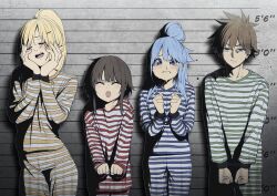1boy 3girls aqua_(konosuba) blue_eyes blue_pants blue_shirt blush brown_hair closed_eyes closed_mouth commentary_request cowboy_shot cuffs darkness_(konosuba) facing_viewer frown green_pants green_shirt handcuffs hands_on_own_cheeks hands_on_own_face height_chart highres izawa_(bhive003) kono_subarashii_sekai_ni_shukufuku_wo! lineup long_hair long_sleeves looking_at_viewer megumin mugshot multiple_girls open_mouth pants prison_clothes red_pants red_shirt satou_kazuma shirt short_hair sidelocks smile striped_clothes striped_pants striped_shirt tearing_up tongue tongue_out yellow_pants yellow_shirt