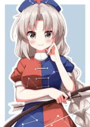 1girl arrow_(projectile) blue_dress blue_hat blush border bow_(weapon) braid closed_mouth commentary_request constellation_print dress grey_eyes grey_hair hand_up hat highres holding holding_arrow holding_bow_(weapon) holding_weapon long_hair looking_at_viewer nurse_cap outline outside_border parted_bangs puffy_short_sleeves puffy_sleeves red_dress ruu_(tksymkw) short_sleeves simple_background smile solo touhou two-tone_dress upper_body weapon white_border white_outline yagokoro_eirin