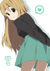 1girl 2025 absurdres anime_coloring arm_behind_back back birthday black_shirt blonde_hair blue_eyes breasts dated drop_shadow green_skirt happy_birthday heart highres k-on! kotobuki_tsumugi leaning_forward long_hair long_sleeves looking_at_viewer looking_back miniskirt pleated_skirt shadow shirt simple_background skirt smile spoken_heart standing tanpaku_(oqu_2) thick_eyebrows white_background