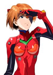 1girl :&lt; alternate_hair_length alternate_hairstyle artist_request ass blindfold blue_eyes bodysuit breasts brown_hair evangelion:_3.0+1.0_thrice_upon_a_time interface_headset_(evangelion) looking_to_the_side mecha_pilot_suit medium_breasts neon_genesis_evangelion plugsuit_(evangelion) rebuild_of_evangelion red_bodysuit shiny_clothes skin_tight solo souryuu_asuka_langley tsundere two_side_up unworn_blindfold wide_hips
