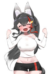 1girl animal_ear_fluff animal_ears black_hair blush breasts clenched_hands closed_eyes collarbone colored_tips cowboy_shot fang groin hands_up highres hololive kani_bonara large_breasts leaning_to_the_side long_hair long_sleeves lowleg lowleg_shorts midriff multicolored_hair navel off-shoulder_shirt off_shoulder ookami_mio ookami_mio_(casual) open_mouth paw_print ponytail shirt short_shorts shorts sidelocks simple_background skin_fang smile solo tail taut_clothes taut_shirt thigh_gap very_long_hair virtual_youtuber white_background white_shirt wolf_ears wolf_girl