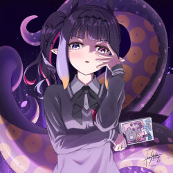 1girl ao-chan_(ninomae_ina&#039;nis) black_ribbon blunt_bangs book collared_shirt colored_inner_hair commentary gradient_hair grey_sweater hand_over_eye hand_up heterochromia highres holding holding_book hololive hololive_english looking_at_viewer medium_hair mole mole_under_eye multicolored_hair neck_ribbon ninomae_ina&#039;nis ninomae_ina&#039;nis_(school_uniform) official_alternate_costume official_alternate_hairstyle open_mouth orange_hair pink_hair pointy_ears purple_eyes purple_hair red_eyes ribbon shirt side_ponytail skyrail solo sweater tentacle_hair tentacles upper_body v-neck virtual_youtuber white_shirt