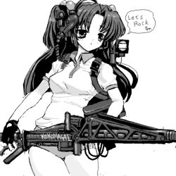 Rule 34 | 1girl, alien (series), aliens (1986), borrowed weapon, breasts, buruma, caseless firearm, clannad, collared shirt, commentary request, cowboy shot, curtained hair, electronic firearm, english text, fingerless gloves, gloves, greyscale, gun, gym uniform, hair bobbles, hair ornament, headset, heavy machine gun, holding, holding gun, holding weapon, ichinose kotomi, impossible clothes, impossible shirt, large breasts, long hair, m56 smartgun, machine gun, mixed-language text, monochrome, polo shirt, shirt, short sleeves, simple background, solo, speech bubble, standing, toshi (little-fluffy-cloud), translation request, two side up, weapon