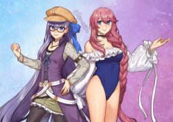 2girls bare_shoulders black_pantyhose blue_bow blue_choker blue_eyes blue_one-piece_swimsuit bow braid breasts brown_hat choker cleavage commentary dress eiyuu_densetsu emma_millstein fate/grand_order fate_(series) glasses grey_shirt grin hair_bow hand_on_own_hip hat hayami_saori hiomaika long_hair looking_at_viewer medium_breasts meltryllis_(fate) meltryllis_(swimsuit_lancer)_(second_ascension)_(fate) multiple_girls off-shoulder_one-piece_swimsuit off_shoulder one-piece_swimsuit pantyhose pink_hair purple_dress purple_hair sen_no_kiseki sen_no_kiseki_(series) sen_no_kiseki_i sen_no_kiseki_iii shirt small_breasts smile swimsuit very_long_hair voice_actor_connection
