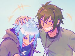 2boys blue_background blue_hair blue_shirt blush bolo_tie brown_hair closed_eyes glasses grey_shirt hood hoodie idolish7 laughing male_focus messy_hair multiple_boys nikaido_yamato petting shirt smile yotsuba_tamaki