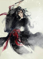 1boy alternate_hairstyle aqua_ribbon arm_up black_eyes black_hair black_hanfu chinese_clothes closed_mouth faux_traditional_media floating_clothes floating_hair flute flute_tassel hair_ribbon half_updo hanfu high_ponytail holding holding_flute holding_instrument ink_wash_painting instrument kcllzas163 light_particles long_hair long_sleeves looking_at_viewer male_focus modao_zushi ponytail red_sash ribbon robe sash smile solo tassel third-party_source wei_wuxian wide_sleeves xiao_guan_(headdress)