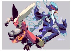 aqua_eyes blaziken border claws colored_sclera commentary_request creatures_(company) fire game_freak gen_3_pokemon grey_background haruto1192 highres horns nintendo open_mouth pokemon pokemon_(creature) quaquaval tongue white_border yellow_fur yellow_sclera