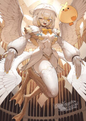 1girl absurdres bird blonde_hair braid breasts choker colored_skin commission detached_sleeves digitigrade duck duck_girl feathered_wings glasses gradient_hair highres kanna_yanagi long_fingers looking_at_viewer medium_breasts medium_hair monster_girl multicolored_hair multiple_wings navel one_eye_closed pixellink round_eyewear skeb_commission solo sumosamo twin_braids two-tone_hair virtual_youtuber webbed_feet white_hair white_skin wings yellow_eyes