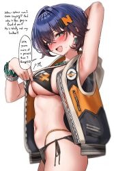 1girl :d @_@ absurdres arm_up armpits belle_(zenless_zone_zero) bikini bikini_top_lift black_bikini blue_hair blush bracelet breasts cleavage clothes_lift cowboy_shot earrings english_text from_side green_eyes green_tea_(matchaistasty) hair_ornament highres jacket jewelry large_breasts looking_at_viewer navel necklace open_mouth short_hair side-tie_bikini_bottom simple_background smile solo speech_bubble stomach swimsuit white_background zenless_zone_zero