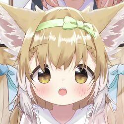 1girl animal_ear_fluff animal_ears arknights bow bow_hairband colored_tips cropped fox_ears fox_girl green_hairband hairband long_hair multicolored_hair multiple_girls solo suzuran_(arknights) white_hair yellow_eyes yumineko_(yukimasa1017)
