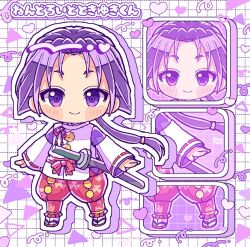 1boy black_hair blush border bow chibi chibi_only full_body grid hakama hakama_pants heart houjou_tokiyuki_(nige_jouzu_no_wakagimi) japanese_clothes kariginu katana long_hair long_sleeves looking_at_viewer low-tied_long_hair male_focus multiple_views nige_jouzu_no_wakagimi outline pants parted_bangs ponytail pu_0521 purple_border purple_eyes red_hakama sandals scabbard sheath sidelocks_tied_back smile standing sword tabi translated triangle_print very_long_hair weapon white_background white_outline wide_sleeves yume_kawaii zouri