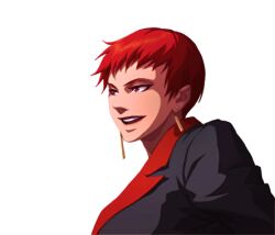 1girl earrings female_focus formal_clothes jewelry red_eyes red_hair short_hair smile smiley_face suit the_king_of_fighters vice_(kof)