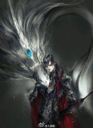 Rule 34 | 1boy, alternate costume, alternate hairstyle, alternate universe, animal, animal hug, animalization, armor, black armor, black hair, blue gemstone, cape, closed eyes, closed mouth, dragon, eastern dragon, faux traditional media, gauntlets, gem, gem on head, gloves, hair ribbon, holding, holding sword, holding weapon, implied yaoi, ink wash painting, kcllzas163, lan wangji, light particles, long hair, low-tied long hair, male focus, modao zushi, pauldrons, red cape, red ribbon, ribbon, shoulder armor, smile, solo, standing, sword, third-party source, watermark, weapon, wei wuxian, weibo watermark, white dragon, yellow eyes