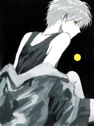 1boy bare_shoulders black_background chinese_commentary closed_mouth driedpersimmonisverydelicious expressionless from_behind greyscale highres huang_shaotian jacket jacket_partially_removed knee_up looking_at_viewer looking_back male_focus monochrome moon night off_shoulder profile quan_zhi_gao_shou short_hair shorts simple_background sitting solo spot_color tank_top yellow_eyes yellow_moon