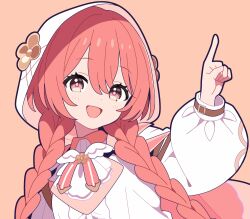 Rule 34 | 1girl, amayui moka, arm up, ascot, braid, double-parted bangs, flower ornament, hair between eyes, head tilt, hood, hood up, hoodie, index finger raised, kerinaharaini, long hair, open mouth, orange background, pink eyes, pink hair, puffy sleeves, simple background, solo, twin braids, upper body, virtual youtuber, vspo!, white ascot, white hoodie