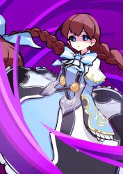 1girl aqua_dress black_sclera black_slera braid breasts brown_hair closed_mouth colored_sclera cowboy_shot dress eduald_dayo grimms_echoes juliet_sleeves long_hair long_sleeves looking_at_viewer medium_breasts neck_ribbon puffy_sleeves purple_energy ribbon shaded_face solo twin_braids vertical-striped_ribbon void_dorothy_(grimms_echoes)