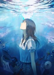 1girl absurdres air_bubble arm_at_side black_hair blood blue_sky blurry bubble calendar_(object) camera closed_eyes cloud commentary cover cover_page cowboy_shot denim depth_of_field dvd_(object) dvd_case from_side highres jar jeans knife kyuuba_melo long_hair natsu_ni_oboreru novel_cover open_mouth pants profile puffy_short_sleeves puffy_sleeves shirt short_sleeves single-lens_reflex_camera sky solo tablet_pc water white_shirt yonagi_rin
