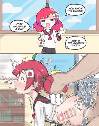 1boy 2girls ahoge all_fours bar_censor blonde_hair blush censored cross-section doggystyle english_text erection grabbing_another&#039;s_hair hair_ornament heart heart-shaped_pupils highres holding_another&#039;s_hair legs loli mesugaki multiple_girls original penis red_hair school_uniform serafuku sex sex_from_behind skirt smug standing sweat symbol-shaped_pupils testicles thighs twintails vaginal zlix0n