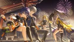 +_+ 2boys 3girls animal_ears asymmetrical_gloves asymmetrical_legwear bangboo_(zenless_zone_zero) belle_(zenless_zone_zero) bird bird_on_hand black_gloves black_thighhighs blonde_hair blue_hair commentary crossed_bangs elbow_gloves english_commentary eous_(zenless_zone_zero) fingerless_gloves fireworks gloves green_eyes grey_hair hair_between_eyes hair_ornament highres hood hood_down hooded_jacket jacket ju_fufu letter_hair_ornament long_hair long_sleeves looking_at_viewer mismatched_legwear multiple_boys multiple_girls night open_clothes open_jacket open_mouth orange_gloves pan_yinhu rity short_hair single_thighhigh sitting smile socks standing thigh_strap thighhighs tiger_ears tiger_girl uneven_gloves uneven_legwear wise_(zenless_zone_zero) yixuan_(zenless_zone_zero) zenless_zone_zero