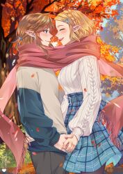 1boy 1girl ^_^ absurdres artist_logo autumn autumn_leaves blonde_hair blue_nails blue_skirt braid closed_eyes commentary contemporary couple crown_braid day hair_ornament hairclip hetero highres holding_hands leaf link logo nail_polish nintendo open_mouth outdoors pink_scarf plaid_clothes plaid_skirt pointy_ears princess_zelda reishichi scarf shared_clothes shared_scarf short_hair skirt smile sweater symbol-only_commentary the_legend_of_zelda the_legend_of_zelda:_tears_of_the_kingdom tree white_sweater