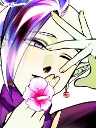 Rule 34 | 1boy, bad id, bad twitter id, calm, colored skin, dragon ball, dragon ball super, earrings, flower, green skin, grey eyes, holding, holding flower, jewelry, looking up, mohawk, one eye closed, pointy ears, potara earrings, purple shirt, sffuju, shirt, short hair, solo, white hair, wink, zamasu