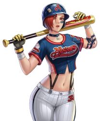 1girl baseball baseball_bat baseball_glove baseball_helmet baseball_uniform breasts cameltoe curvy female_focus gloves hat helmet highres huge_breasts large_breasts looking_at_viewer open_mouth outdoors pale_skin pants red_eyes red_hair shirt short_sleeves sportswear standing the_king_of_fighters the_king_of_fighters_all-stars thick_lips thick_thighs thighs tight_clothes tight_pants vanessa_(kof) wide_hips
