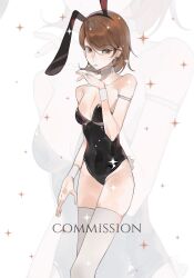 1girl animal_ears armlet black_leotard breasts brown_eyes brown_hair choker cleavage closed_mouth earrings heart heart_choker highres jewelry leotard looking_at_viewer medium_breasts persona persona_3 playboy_bunny rabbit_ears rabbit_tail short_hair soda_san soda_shan7 solo stud_earrings tail takeba_yukari thighhighs white_choker white_thighhighs wrist_cuffs