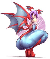 1girl 2024 absurdres animal_print ass bat_print bat_wings blue_pantyhose boots breasts bridal_gauntlets capcom cleavage clothing_cutout collarbone curvy darkstalkers demon_girl diamond_cutout female_focus from_side fur-trimmed_leotard fur_trim grin head_wings high_heel_boots high_heels highleg highleg_leotard highres huge_ass large_breasts legs_together leotard lilith_(darkstalkers) looking_at_viewer low_wings mokkoyu narrow_waist pantyhose purple_hair red_boots red_eyes red_leotard shadow short_hair sideboob simple_background small_breasts smile solo squatting thick_thighs thighs wings
