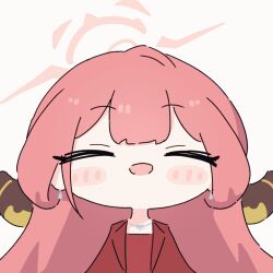 1girl ahoge animated animated_gif aru_(dress)_(blue_archive) blue_archive blush chibi closed_eyes commentary_request demon_girl demon_horns dress earrings halo horns jacket jewelry long_hair open_mouth red_dress red_hair red_halo red_jacket simple_background solo umihio white_background