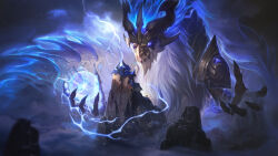 Rule 34 | 1other, absurdres, armor, aurelion sol (league of legends), building, claws, crown, dragon, eastern dragon, floating, glowing, glowing eyes, highres, kudos3d, league of legends, long hair, magic, mountain, night, official alternate costume, official art, orb, outdoors, pauldrons, sharp teeth, shoulder armor, storm dragon aurelion sol, tail, teeth, thunder, white hair, wide shot, zuoan dong