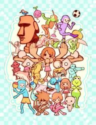4girls 6+boys :3 animal ball bird blue_birds_(rhythm_tengoku) bow bowtie character_request check_character checkered_background chorus_man colorful commentary cosmo_attacker deshi-kun dj_yellow dolphin dolphin_(rhythm_tengoku) dondoko_ouen-dan dress ecto_(rhythm_tengoku) electric_guitar english_commentary everyone frog_girl furry giro-chan guitar hair_vegetable hakoiri_roku-nin_musume headphones highres holding idol_(rhythm_tengoku) instrument karateka_(rhythm_tengoku) kerokero_gasshou-dan lifting_man lizard moai moai_bird moaio multiple_boys multiple_girls phonograph pinpon_hito receive-kun rhythm_tengoku robot robot-tachi rokka_sensei shinkuro_san_shimai sighsra soccer_ball student_(rhythm_tengoku) turntable uraomote_hito