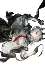 1girl absurdres arm_pouch armband black_armband black_choker black_gloves black_horns black_jacket black_pants black_pouch black_tail breasts chest_harness choker commentary curled_horns demon_tail gloves hands_up harness highres horns jacket jacket_on_shoulders looking_at_viewer medium_breasts necktie pants parted_lips red_eyes red_necktie shirt shirt_tucked_in sideways simple_background solo tail tony_028 white_background white_hair white_shirt wuthering_waves zani_(wuthering_waves)