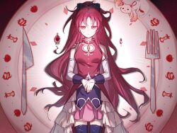 1girl black_thighhighs bow cowboy_shot cuts dress expressionless fork hair_bow hands_on_own_stomach highres injury knife kyubey long_hair looking_at_viewer lying mahou_shoujo_madoka_magica mahou_shoujo_madoka_magica_(anime) on_back on_plate own_hands_together plate red_dress red_eyes red_hair risheng_yueyin sakura_kyoko sakura_kyoko_(magical_girl) scar scar_on_face scar_on_hand soul_gem thighhighs