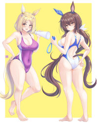 2girls absurdres admire_vega_(umamusume) animal_ears ass barefoot blonde_hair border breasts brown_eyes brown_hair cleavage commentary_request competition_swimsuit covered_navel cowboy_shot ear_covers ear_ornament from_behind full_body highleg highleg_one-piece_swimsuit highres horse_ears horse_girl horse_tail large_breasts legs long_hair looking_at_viewer looking_back low_ponytail megaphone multiple_girls multiple_views narita_top_road_(umamusume) one-piece_swimsuit outside_border ponytail purple_one-piece_swimsuit short_hair sideboob single_ear_cover standing stopwatch swimsuit tail toes tong_shui two-tone_background two-tone_swimsuit umamusume watch white_border white_one-piece_swimsuit wide_hips yellow_background yellow_eyes