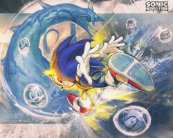 amy_rose big_the_cat blue_fur blue_hair chaos_(sonic) city destroyed_city e-102_gamma gloves gold_fur gold_hair grin knuckles_the_echidna kornart3 looking_back monster red_eyes running sega shoes smile socks sonic_(series) sonic_adventure sonic_the_hedgehog spiked_hair tails_(sonic) water