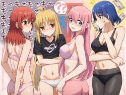 4girls ? ?? ahoge arms_behind_back ass back banknote bare_shoulders black_bra black_panties black_shirt blonde_hair blue_eyes blue_hair blush bocchi_the_rock! bow bow_panties bra breast_envy breasts closed_mouth clothes_lift coin collarbone commentary commentary_request cube_hair_ornament detached_ahoge embarrassed gotoh_hitori green_eyes hair_between_eyes hair_down hair_ornament hand_on_own_cheek hand_on_own_face highres ijichi_nijika kessoku_band_logo kessoku_band_t-shirt kita_ikuyo large_breasts lifting_own_clothes long_hair looking_at_another looking_at_viewer mole mole_under_eye money multiple_girls navel one_side_up open_mouth panties panties_under_pantyhose pants pantyhose parted_lips pink_bra pink_hair pink_panties pink_pants red_eyes red_hair ryuhirohumi shirt shirt_lift shoulder_blades small_breasts spoken_question_mark sweat translation_request underwear undressing white_panties yellow_eyes