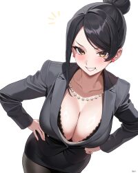 1girl artist_name asymmetrical_hair bijin_onna_joushi_takizawa-san black_hair breasts business_suit cleavage commentary earrings formal_clothes hair_bun highres jewelry large_breasts mature_female mole mole_under_mouth necklace office_lady pantyhose pearl_necklace simple_background single_hair_bun suit takizawa_kyouko white_background yan.c