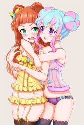Rule 34 | 2girls, :3, aikatsu! (series), aikatsu stars!, arms around neck, babydoll, bare shoulders, bell, black legwear, blouse, blue hair, blunt bangs, blush, bow, bow panties, cone hair bun, cowboy shot, double bun, donut hair bun, embarrassed, eyelashes, fang, frilled babydoll, frilled legwear, frilled panties, frilled shirt, frills, garter straps, green eyes, grey background, groin, hair bell, hair bow, hair bun, hair ornament, hanazono kirara, hug, hug from behind, jingle bell, light blue hair, lingerie, looking at another, lowleg, lowleg panties, multicolored hair, multiple girls, open mouth, orange hair, panties, pink hair, purple babydoll, purple eyes, purple panties, saotome ako, shirt, sidelocks, sideways glance, simple background, smile, spaghetti strap, strap slip, thighhighs, tsundere, two-tone hair, underwear, yellow bow, yellow shirt, yoban, yuri