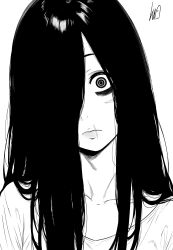 1girl absurdres bags_under_eyes closed_mouth collarbone commentary english_commentary ghost_girl greyscale hair_over_one_eye highres long_hair looking_at_viewer lughost monochrome scar scar_on_face scar_on_mouth signature simple_background solo the_ring white_background wide-eyed yamamura_sadako